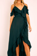 Black Satin Ruffle Wrap Midi Dress ...